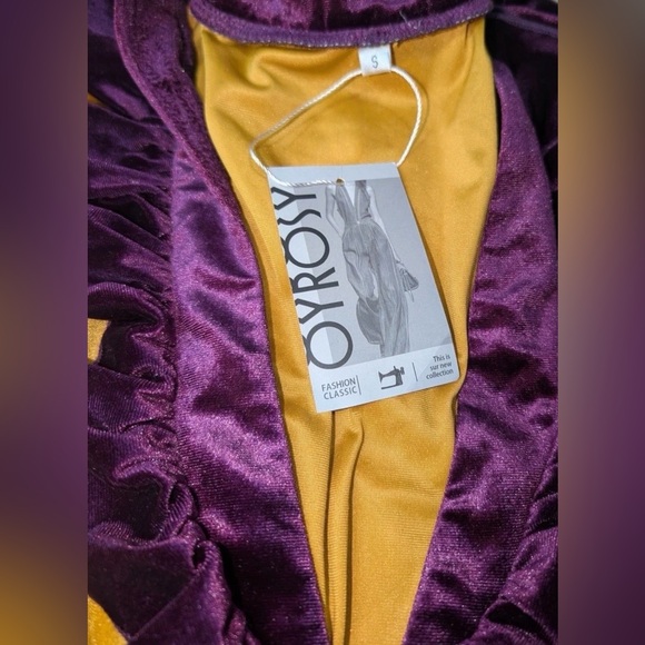 Oyrosy Designer Fashion Party Purple Ruffle Flared Gold Velvet Jumpsuit Sz Small - Picture 8 of 9